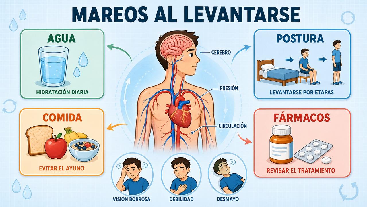 Hidratación, postura, comida y medicación influyen en los mareos al levantarse.