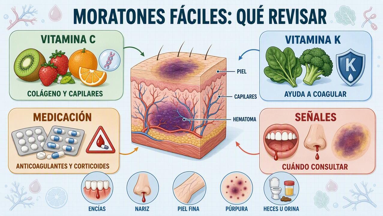 Vitamina C, vitamina K, medicación y señales de alarma explican muchos hematomas.