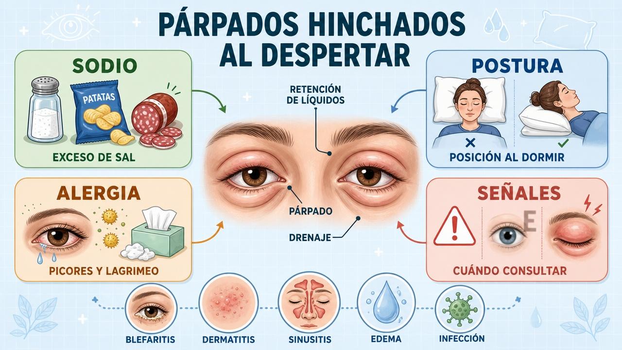 Sodio, postura, alergia y señales de alerta explican los párpados hinchados.