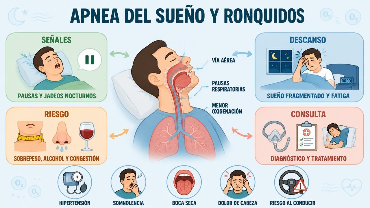 Señales, riesgos, descanso y consulta médica en la apnea del sueño.
