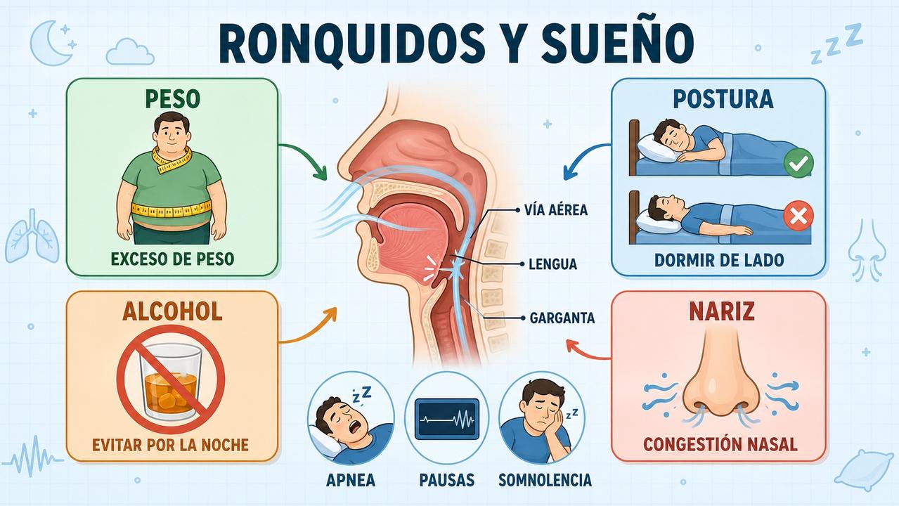 Peso, postura, alcohol y congestión nasal influyen en los ronquidos frecuentes.