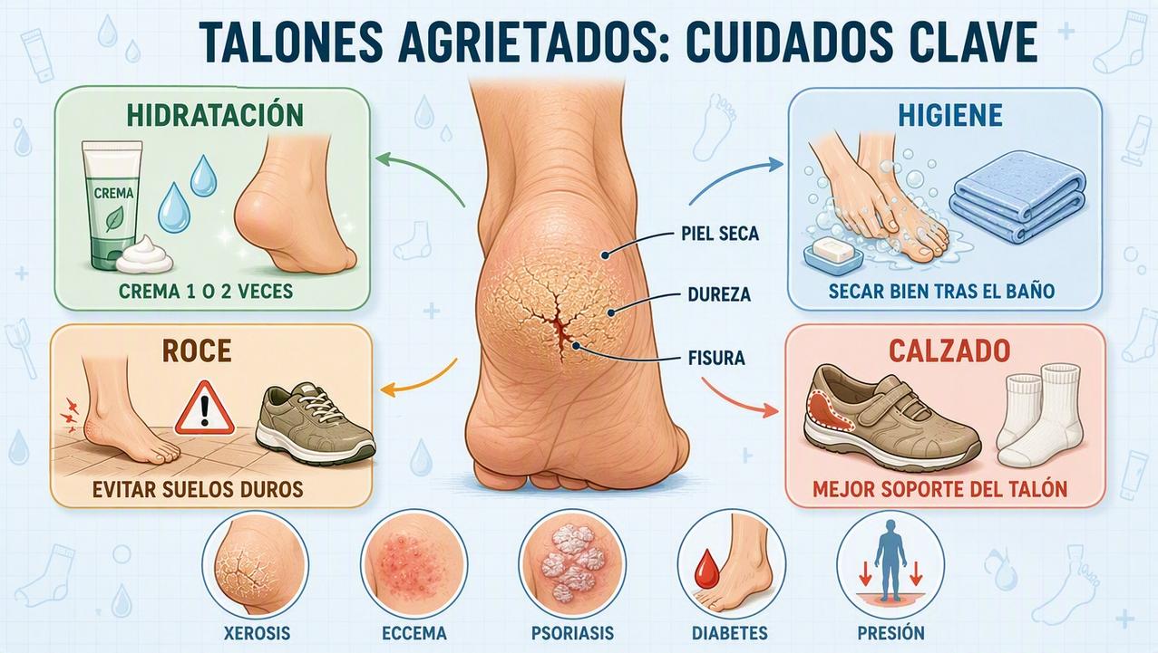 Hidratación, higiene, roce y calzado: pilares para prevenir fisuras del talón.