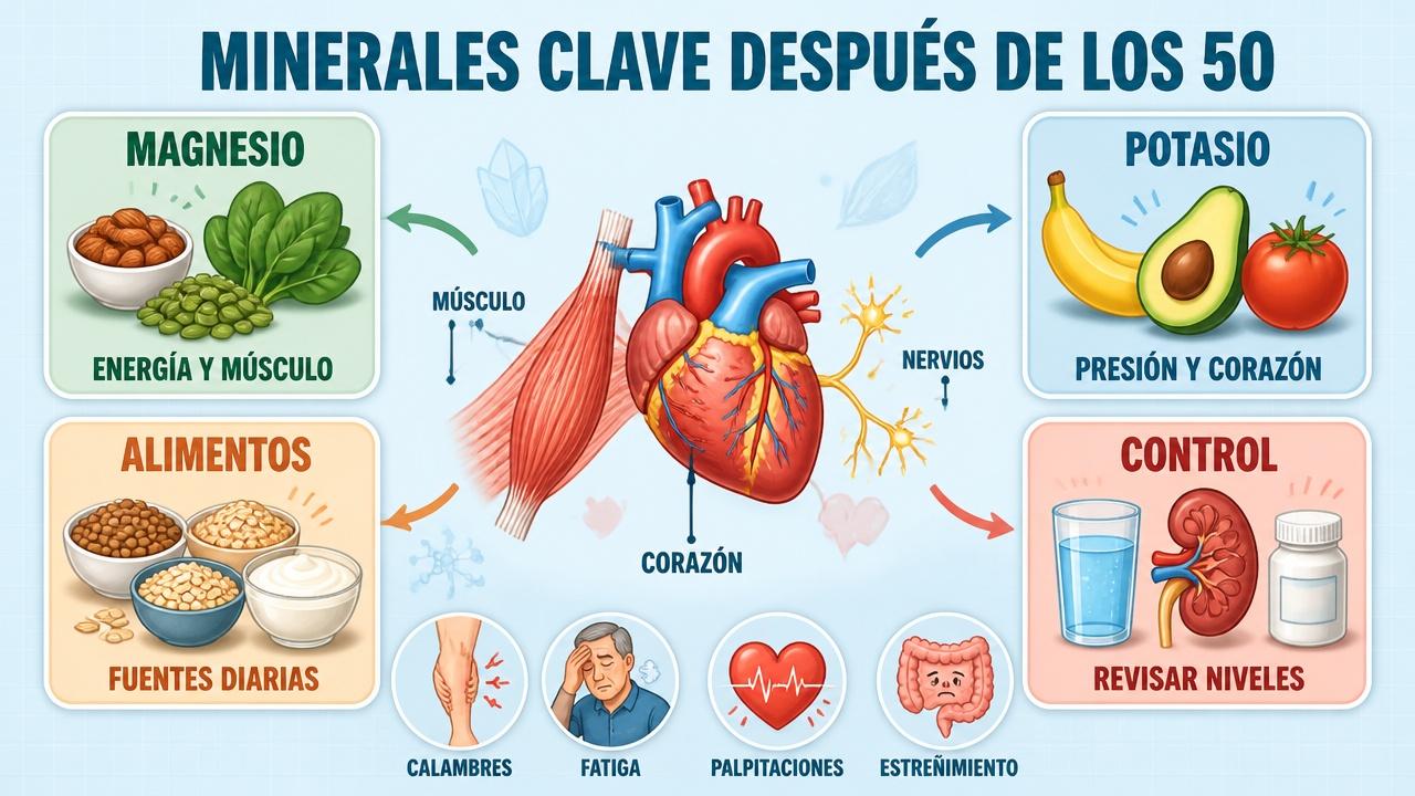 La infografía resume funciones, alimentos, control y señales de desequilibrio mineral.