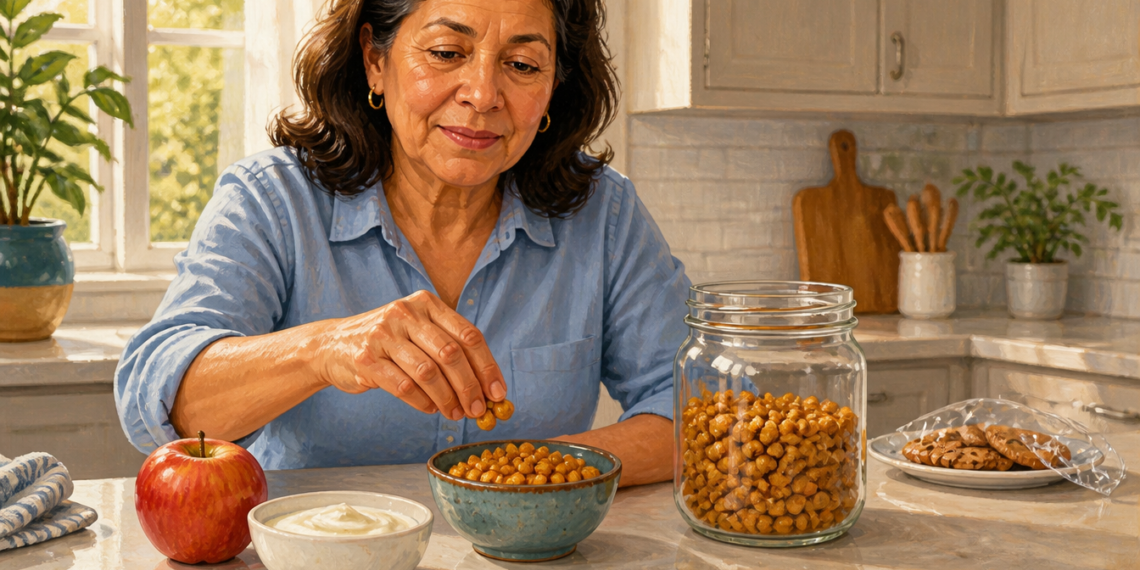 Mujer adulta tomando garbanzos tostados de un bol en una cocina, junto a un frasco lleno de garbanzos, una manzana, yogur y unas galletas.