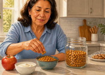Mujer adulta tomando garbanzos tostados de un bol en una cocina, junto a un frasco lleno de garbanzos, una manzana, yogur y unas galletas.