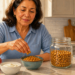 Mujer adulta tomando garbanzos tostados de un bol en una cocina, junto a un frasco lleno de garbanzos, una manzana, yogur y unas galletas.