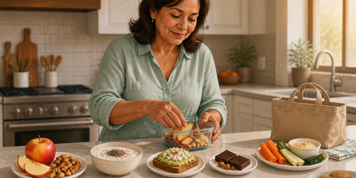 Mujer adulta preparando una merienda en un recipiente de vidrio en la cocina, rodeada de opciones como manzana, frutos secos, yogur, tostada con aguacate, chocolate negro y verduras con crema.