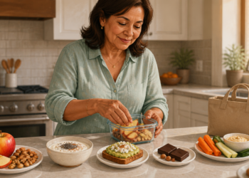 Mujer adulta preparando una merienda en un recipiente de vidrio en la cocina, rodeada de opciones como manzana, frutos secos, yogur, tostada con aguacate, chocolate negro y verduras con crema.