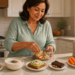 Mujer adulta preparando una merienda en un recipiente de vidrio en la cocina, rodeada de opciones como manzana, frutos secos, yogur, tostada con aguacate, chocolate negro y verduras con crema.