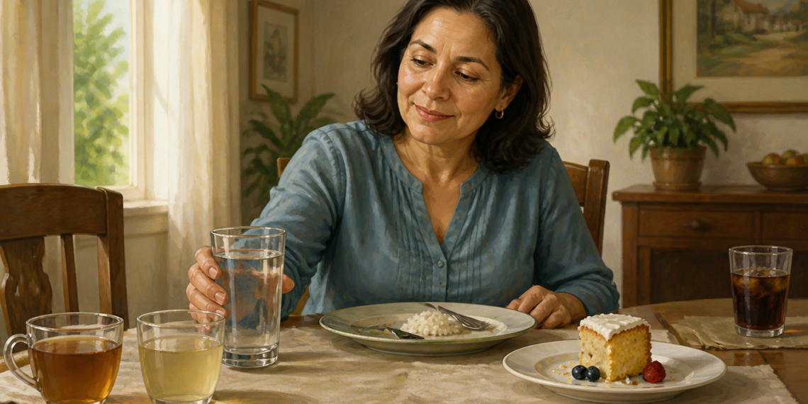 Mujer adulta sosteniendo un vaso de agua después de comer, con una taza de infusión, otra bebida clara, un vaso de refresco oscuro y una porción de pastel sobre la mesa.