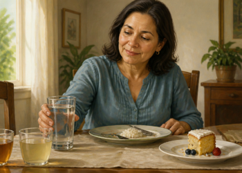 Mujer adulta sosteniendo un vaso de agua después de comer, con una taza de infusión, otra bebida clara, un vaso de refresco oscuro y una porción de pastel sobre la mesa.