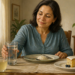 Mujer adulta sosteniendo un vaso de agua después de comer, con una taza de infusión, otra bebida clara, un vaso de refresco oscuro y una porción de pastel sobre la mesa.