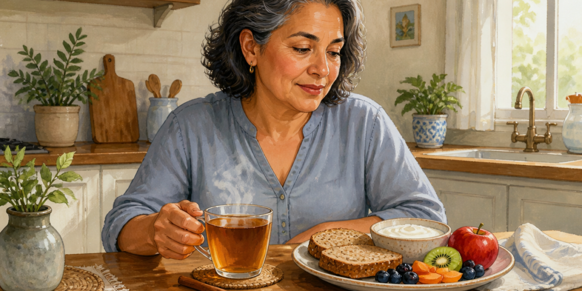 Mujer adulta sentada en una cocina sosteniendo una taza de infusión, junto a un plato con pan, yogur, fruta y una rama de canela sobre la mesa.