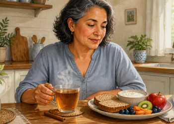 Mujer adulta sentada en una cocina sosteniendo una taza de infusión, junto a un plato con pan, yogur, fruta y una rama de canela sobre la mesa.
