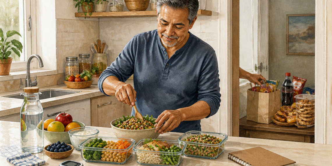 Hombre adulto preparando recipientes de comida saludable en una cocina, con agua, fruta, yogur, verduras y un medidor de glucosa sobre la encimera, mientras al fondo aparecen alimentos más procesados.