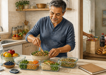 Hombre adulto preparando recipientes de comida saludable en una cocina, con agua, fruta, yogur, verduras y un medidor de glucosa sobre la encimera, mientras al fondo aparecen alimentos más procesados.