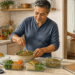 Hombre adulto preparando recipientes de comida saludable en una cocina, con agua, fruta, yogur, verduras y un medidor de glucosa sobre la encimera, mientras al fondo aparecen alimentos más procesados.