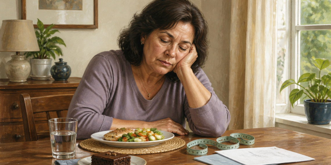 Mujer adulta sentada a la mesa con expresión de cansancio frente a un plato de comida, junto a un vaso de agua, una porción de pastel, una cinta métrica y unos documentos.
