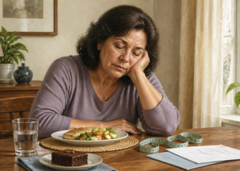 Mujer adulta sentada a la mesa con expresión de cansancio frente a un plato de comida, junto a un vaso de agua, una porción de pastel, una cinta métrica y unos documentos.