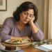 Mujer adulta sentada a la mesa con expresión de cansancio frente a un plato de comida, junto a un vaso de agua, una porción de pastel, una cinta métrica y unos documentos.