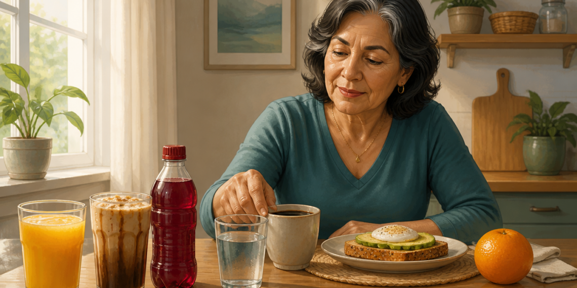 Mujer adulta sentada ante un desayuno con agua, café, tostada con aguacate y huevo, mientras a un lado aparecen zumo de naranja, una bebida cremosa y una bebida roja embotellada.