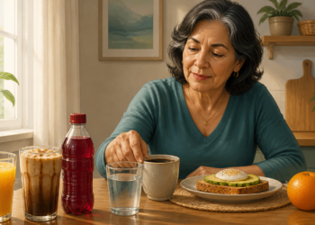 Mujer adulta sentada ante un desayuno con agua, café, tostada con aguacate y huevo, mientras a un lado aparecen zumo de naranja, una bebida cremosa y una bebida roja embotellada.