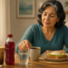 Mujer adulta sentada ante un desayuno con agua, café, tostada con aguacate y huevo, mientras a un lado aparecen zumo de naranja, una bebida cremosa y una bebida roja embotellada.