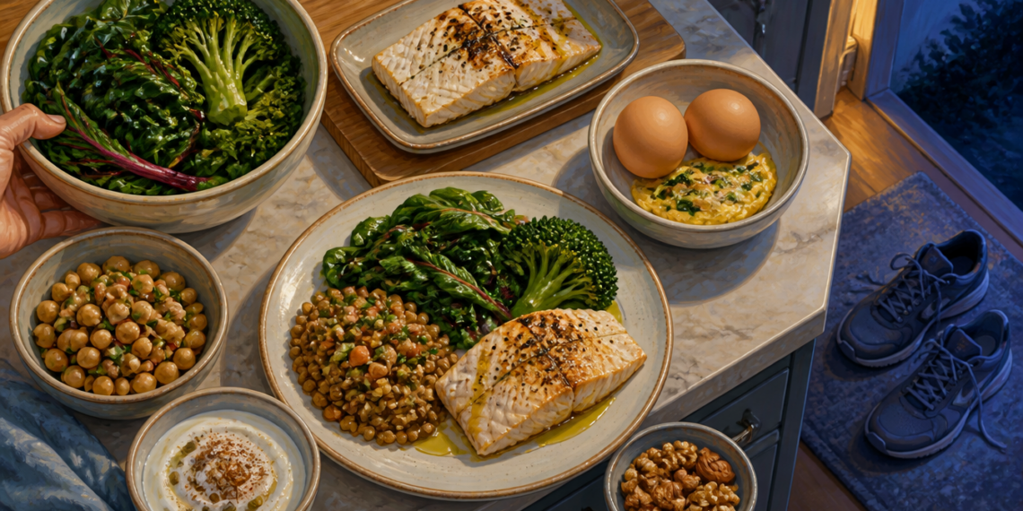 Platos y cuencos con una cena ligera sobre una encimera de cocina, con salmón, verduras de hoja, brócoli, legumbres, huevos, yogur y nueces, junto a unas zapatillas cerca de la puerta.