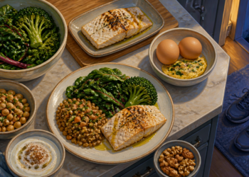 Platos y cuencos con una cena ligera sobre una encimera de cocina, con salmón, verduras de hoja, brócoli, legumbres, huevos, yogur y nueces, junto a unas zapatillas cerca de la puerta.