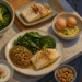 Platos y cuencos con una cena ligera sobre una encimera de cocina, con salmón, verduras de hoja, brócoli, legumbres, huevos, yogur y nueces, junto a unas zapatillas cerca de la puerta.