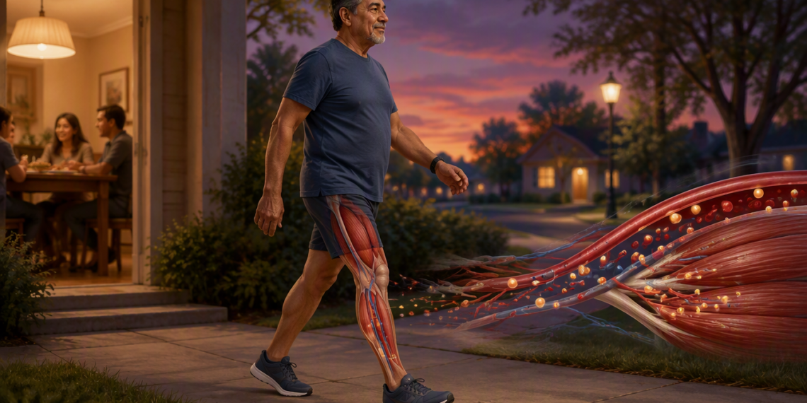 Hombre adulto caminando al aire libre al atardecer después de comer, con una ilustración anatómica superpuesta en la pierna y fibras musculares a un lado que representan el efecto del movimiento sobre el azúcar en sangre.