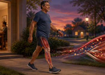 Hombre adulto caminando al aire libre al atardecer después de comer, con una ilustración anatómica superpuesta en la pierna y fibras musculares a un lado que representan el efecto del movimiento sobre el azúcar en sangre.