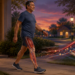 Hombre adulto caminando al aire libre al atardecer después de comer, con una ilustración anatómica superpuesta en la pierna y fibras musculares a un lado que representan el efecto del movimiento sobre el azúcar en sangre.