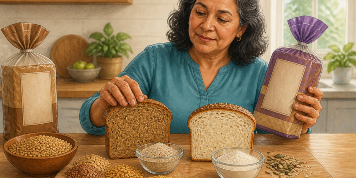 Mujer adulta comparando dos panes de molde, uno integral y otro blanco, junto a bolsas de pan, granos, semillas y harinas sobre una mesa de cocina.