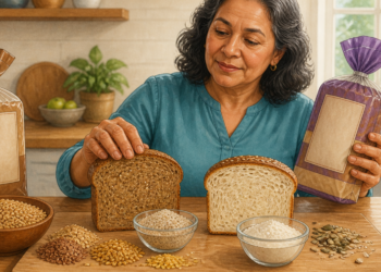 Mujer adulta comparando dos panes de molde, uno integral y otro blanco, junto a bolsas de pan, granos, semillas y harinas sobre una mesa de cocina.