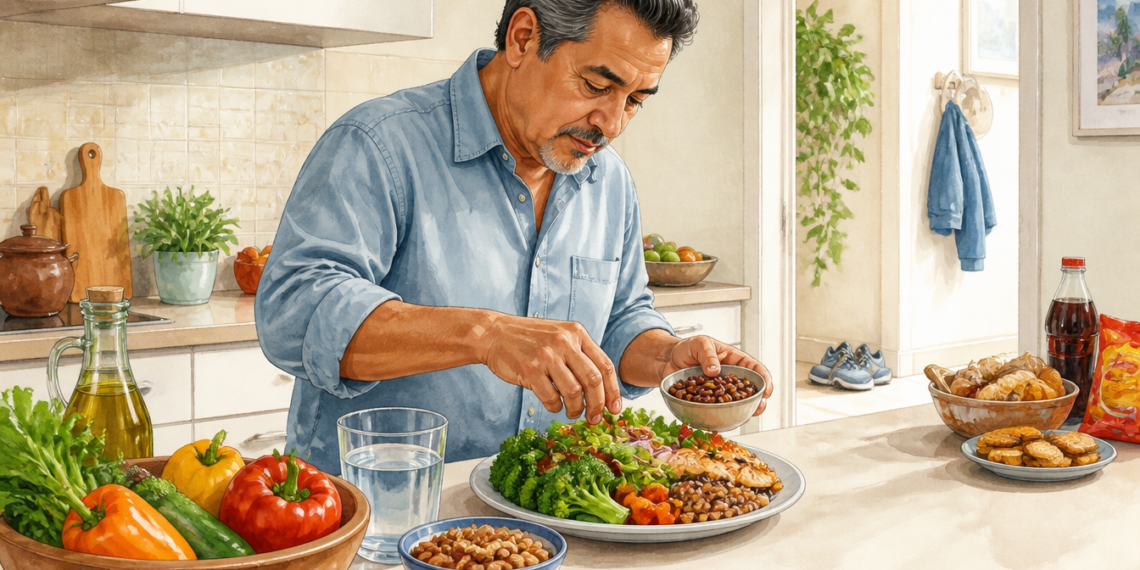 Hombre adulto preparando un plato con verduras, legumbres y pescado en una cocina, junto a agua, frutos secos, aceite de oliva y vegetales frescos, mientras al fondo aparecen refresco, galletas y aperitivos envasados.