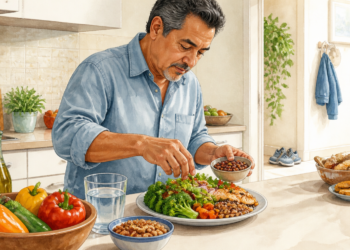 Hombre adulto preparando un plato con verduras, legumbres y pescado en una cocina, junto a agua, frutos secos, aceite de oliva y vegetales frescos, mientras al fondo aparecen refresco, galletas y aperitivos envasados.