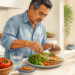 Hombre adulto preparando un plato con verduras, legumbres y pescado en una cocina, junto a agua, frutos secos, aceite de oliva y vegetales frescos, mientras al fondo aparecen refresco, galletas y aperitivos envasados.