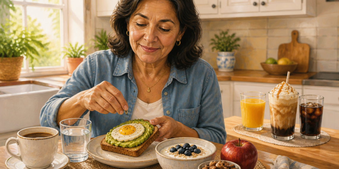 Mujer adulta preparando una tostada con aguacate y huevo en una mesa de desayuno con café, agua, avena con arándanos, nueces y manzana, mientras al fondo aparecen un zumo de naranja, una bebida cremosa y un vaso de refresco oscuro.