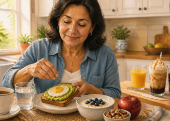 Mujer adulta preparando una tostada con aguacate y huevo en una mesa de desayuno con café, agua, avena con arándanos, nueces y manzana, mientras al fondo aparecen un zumo de naranja, una bebida cremosa y un vaso de refresco oscuro.