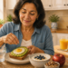 Mujer adulta preparando una tostada con aguacate y huevo en una mesa de desayuno con café, agua, avena con arándanos, nueces y manzana, mientras al fondo aparecen un zumo de naranja, una bebida cremosa y un vaso de refresco oscuro.