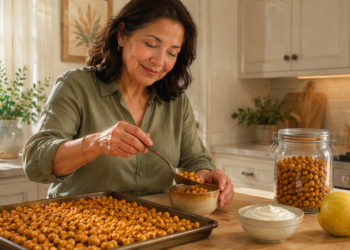 Mujer adulta sirviendo garbanzos tostados en un cuenco, junto a una bandeja llena de garbanzos, un frasco de vidrio, yogur, pera y frutos secos en una cocina.