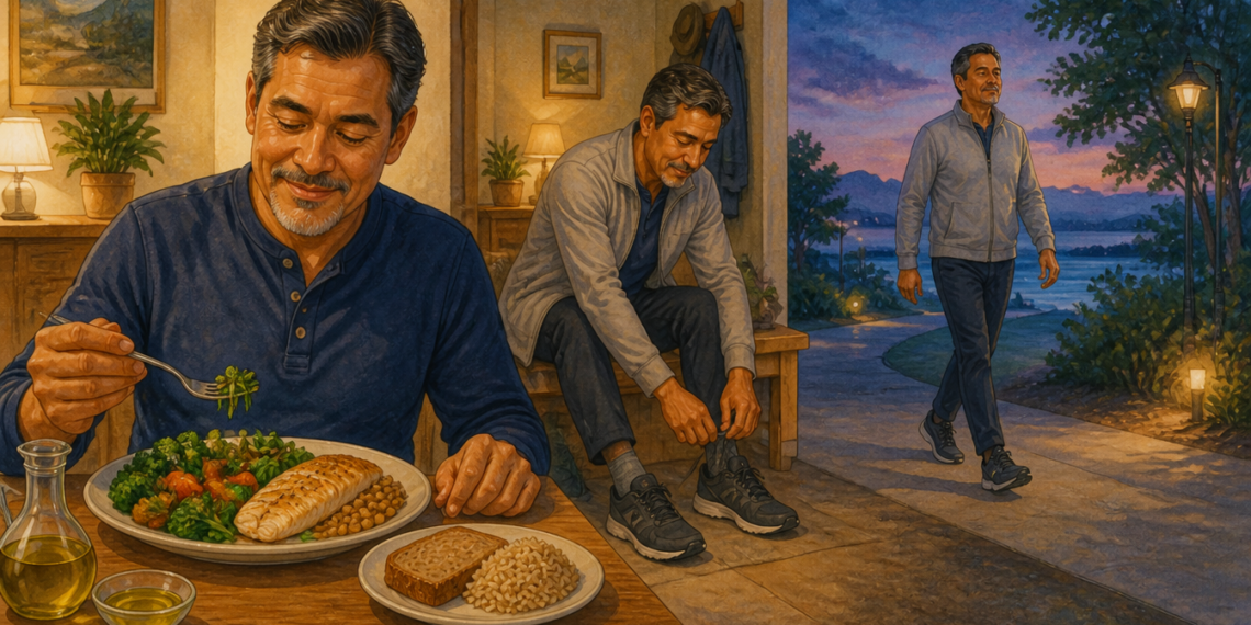 Hombre adulto comiendo una cena con pescado, verduras y legumbres, preparándose después para caminar al aire libre al anochecer.