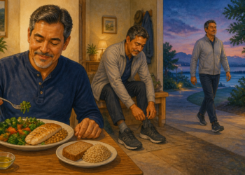 Hombre adulto comiendo una cena con pescado, verduras y legumbres, preparándose después para caminar al aire libre al anochecer.