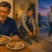 Hombre adulto comiendo una cena con pescado, verduras y legumbres, preparándose después para caminar al aire libre al anochecer.