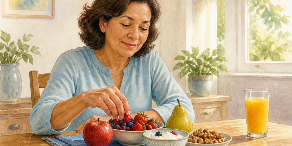 Mujer adulta eligiendo frutos rojos en una mesa con manzana, pera, yogur, nueces y un vaso de zumo de naranja.