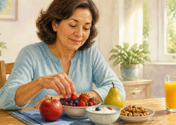 Mujer adulta eligiendo frutos rojos en una mesa con manzana, pera, yogur, nueces y un vaso de zumo de naranja.