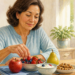 Mujer adulta eligiendo frutos rojos en una mesa con manzana, pera, yogur, nueces y un vaso de zumo de naranja.