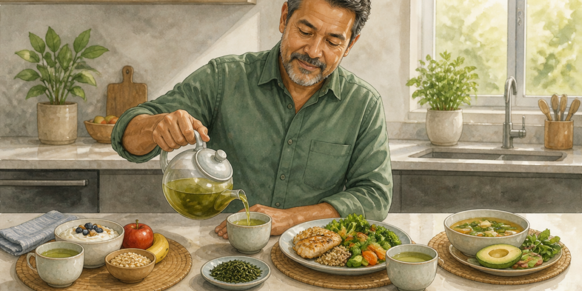 Hombre adulto sirviendo té verde de una tetera en una taza, frente a varias comidas con verduras, pescado, cereales, aguacate, sopa y fruta.