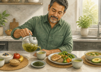 Hombre adulto sirviendo té verde de una tetera en una taza, frente a varias comidas con verduras, pescado, cereales, aguacate, sopa y fruta.